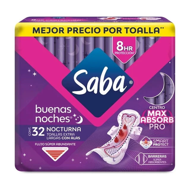 Toallas femeninas Saba Buenas Noches nocturna extra larga con alas flujo súper abundante 32 pz