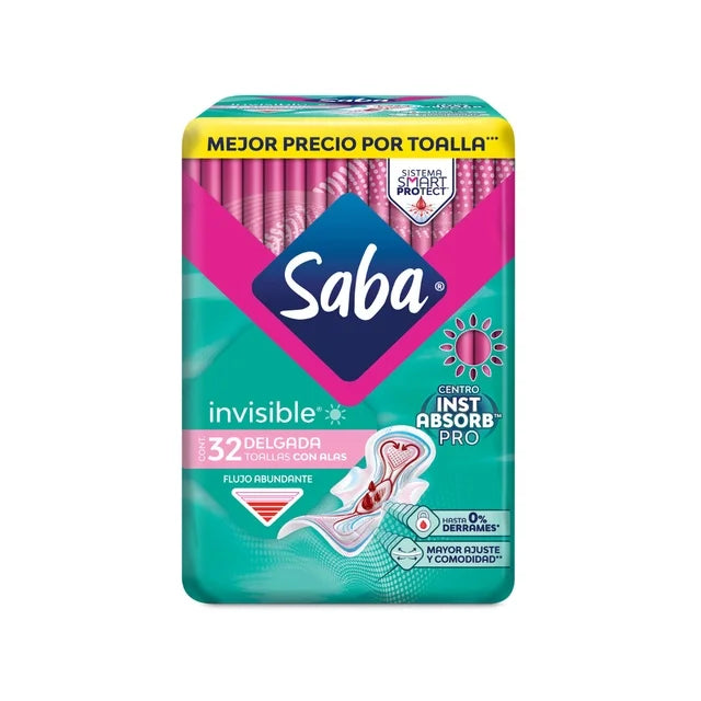 Toallas femeninas Saba Invisible delgada con alas flujo abundante 32 pz