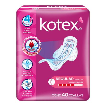 Toallas femeninas Kotex Regular con alas flujo abundante 40 pz