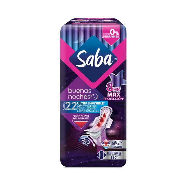 Toallas femeninas Saba Buenas Noches ultradelgada nocturna extra larga con alas flujo súper abundante22 pz
