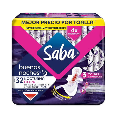 Toallas femeninas Saba Buenas Noches extra nocturna ancha con alas flujo súper abundante 32 pz