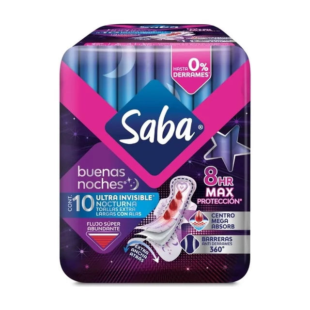 Toallas femeninas Saba Buenas Noches ultradelgada nocturna extra larga con alas flujo súper abundante 10 pz