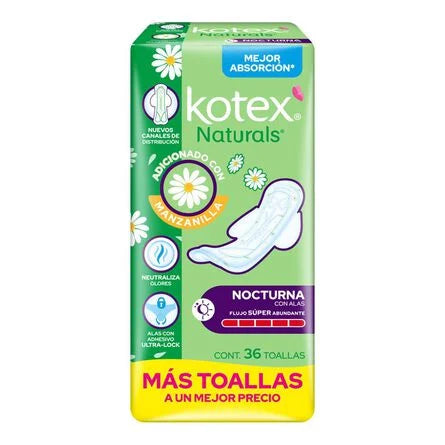 Toallas femeninas Kotex Naturals con manzanilla nocturna con alas flujo súper abundante 36 pz
