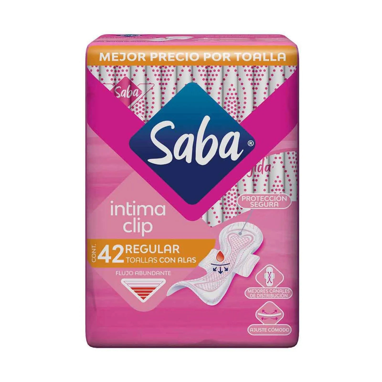 Toallas femeninas Saba Intima Clip regular con alas flujo abundante 42 pz