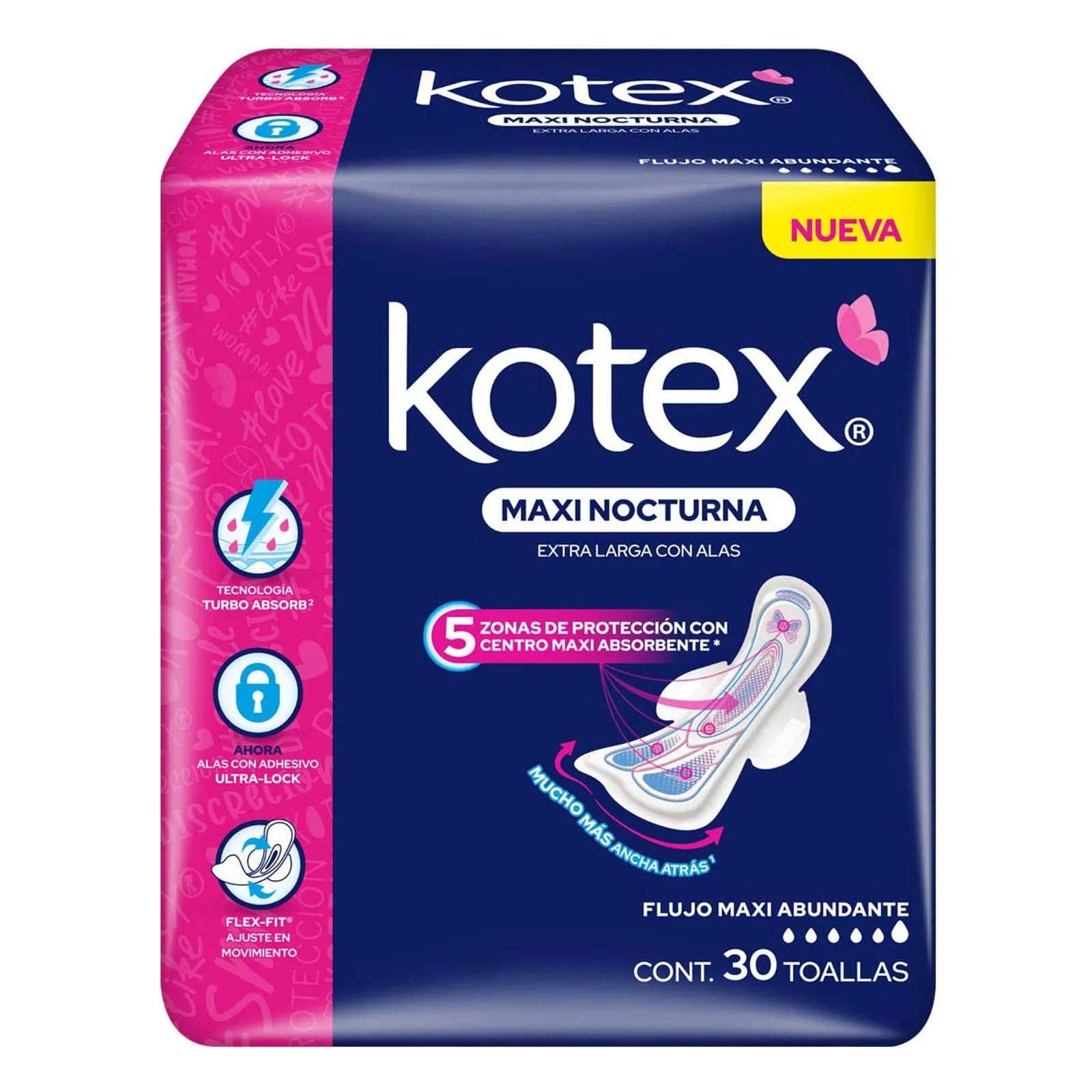 Toallas femeninas Kotex Maxi Nocturna extra larga con alas flujo maxi abundante 30 pz