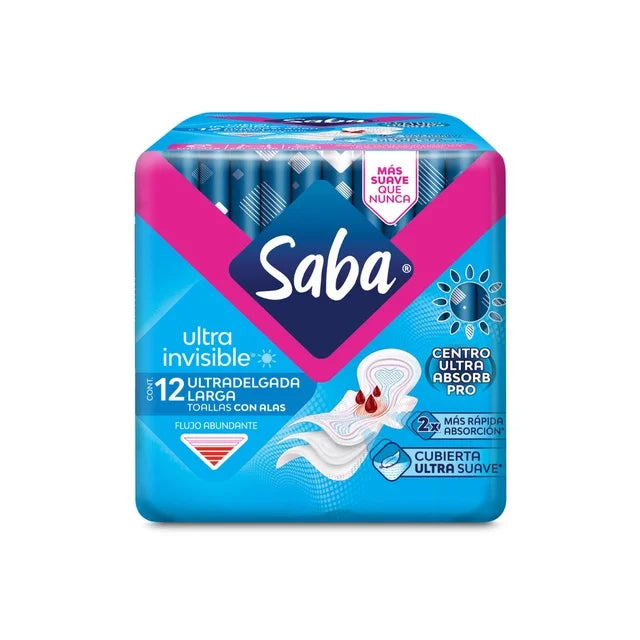 Toallas femeninas Saba Ultra Invisible ultradelgada larga con alas flujo abundante 12 pz