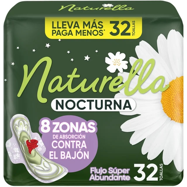 Toallas Femeninas Naturella Nocturna Flujo Super Abundante, 32 pz