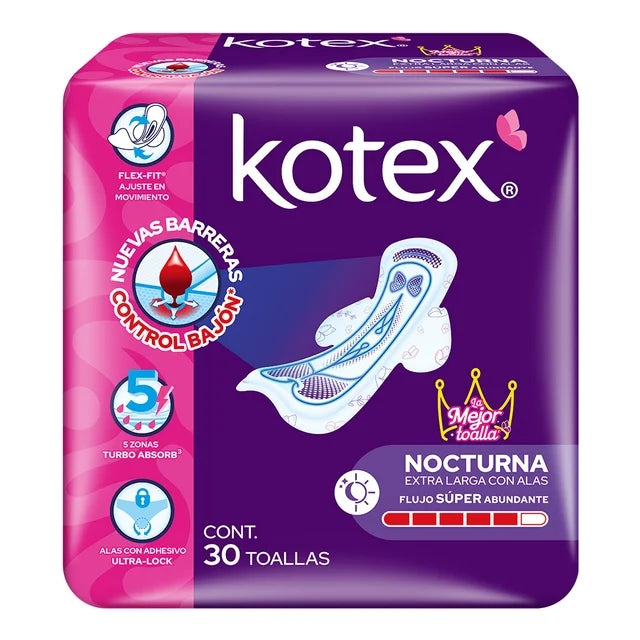 Toallas femeninas Kotex Nocturna extra larga con alas flujo súper abundante 30 pz