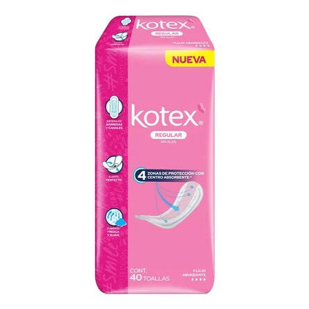 Toallas femeninas Kotex Regular sin alas flujo abundante 40 pz