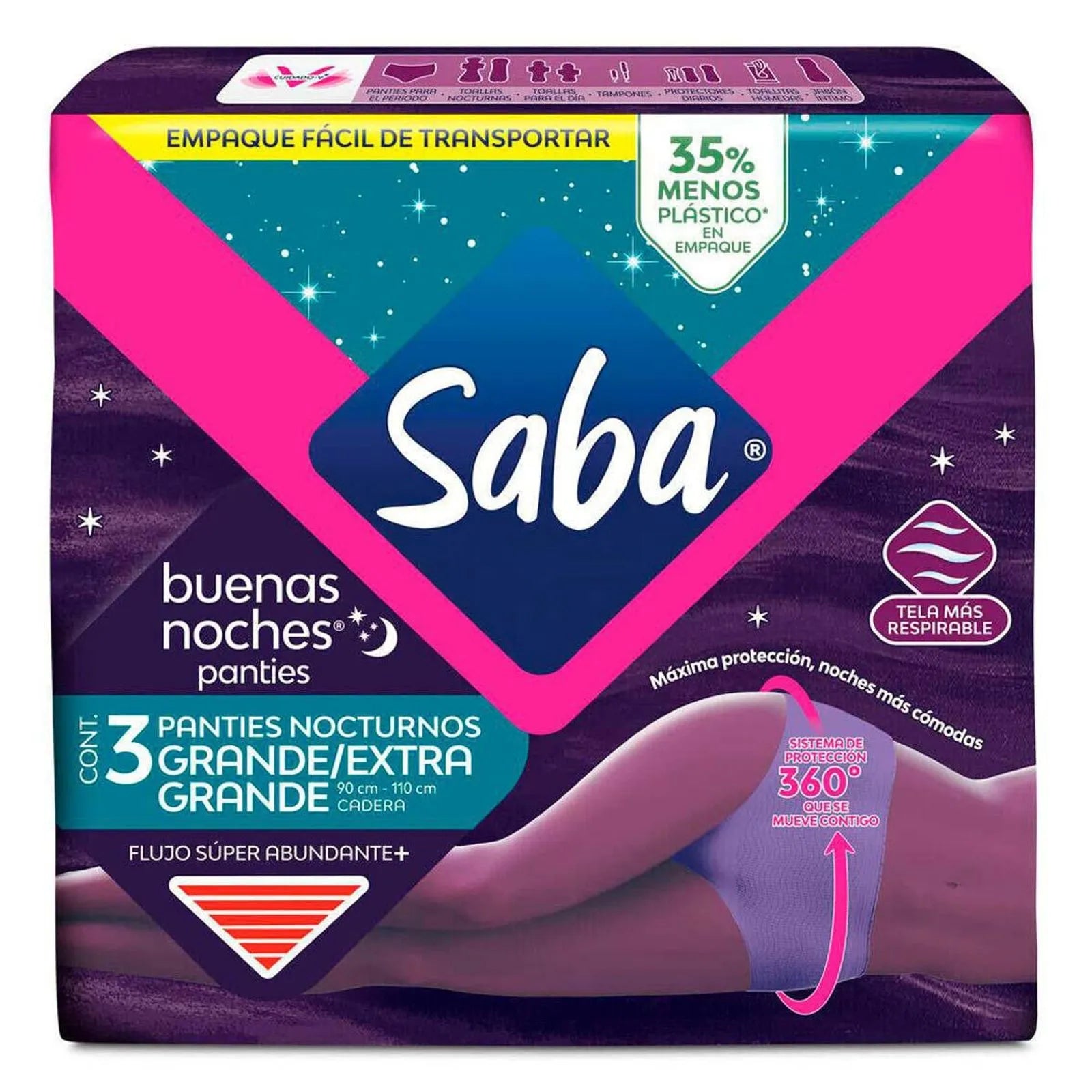 Panties nocturnos Saba Buenas Noches grande/extra grande flujo súper abundante 3 pz
