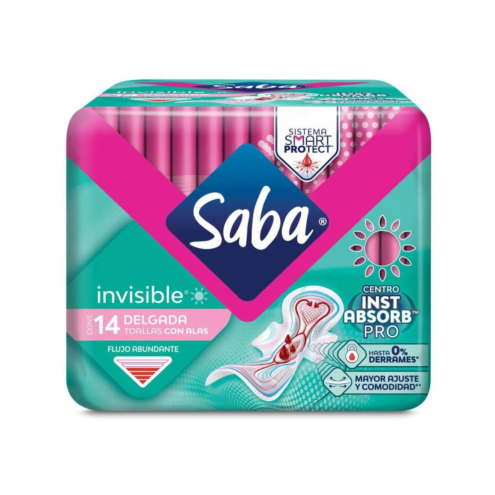Toallas femeninas Saba Invisible delgada con alas flujo abundante 14 pz