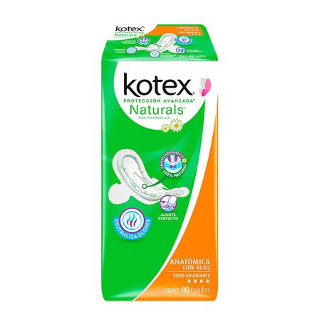 Toallas femeninas Kotex Naturals anatómica flujo abundante con alas 40 pz