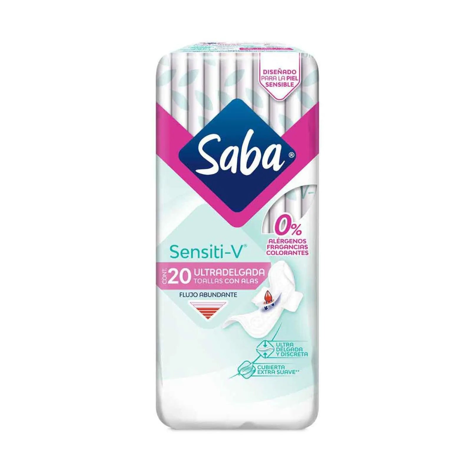 Toallas femeninas Saba Sensiti-V ultradelgada con alas flujo abundante 20 pz