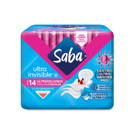 Toallas femeninas Saba Ultra Invisible ultradelgada con alas flujo abundante 14 pz