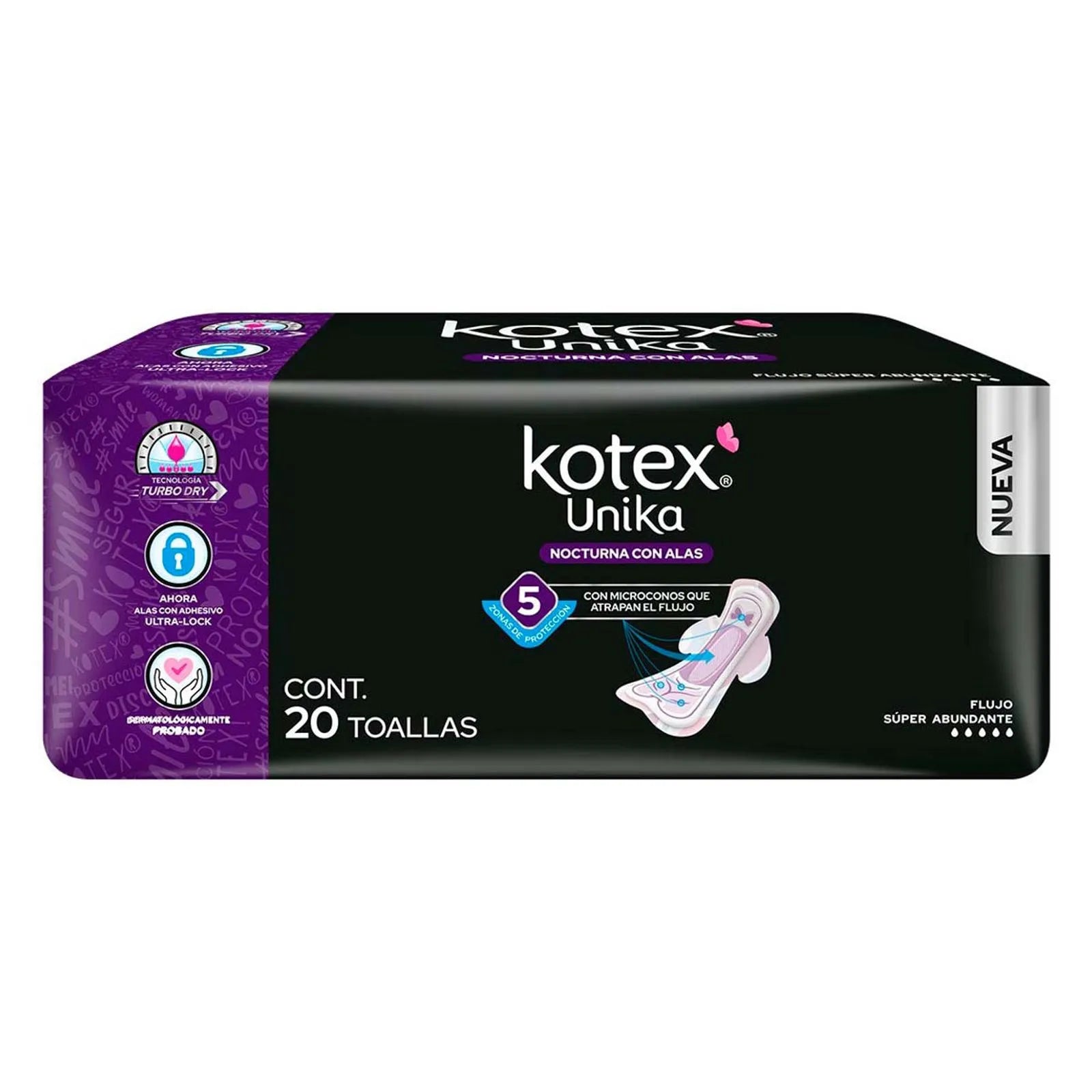 Toallas femeninas Kotex Unika nocturna flujo súper abundante con alas 20 pz