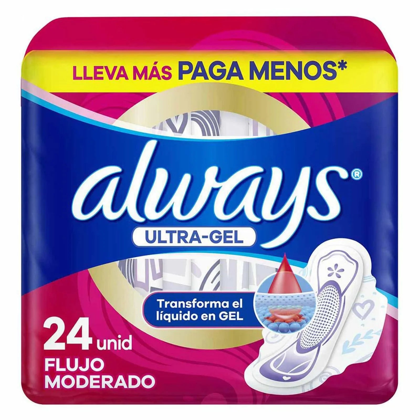 Toallas femeninas Always Ultra-Gel flujo moderado con alas 24 pz