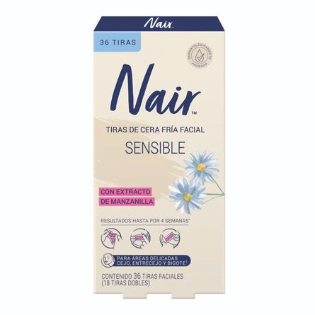 Tiras de Cera Fría Facial Sensible Nair 36 pz