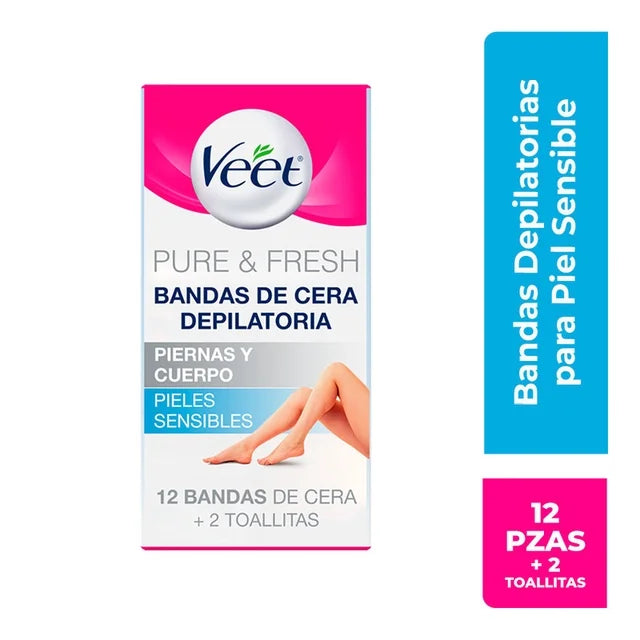 Bandas Depilatorias Veet Pure & Fresh para Piernas y Cuerpo, Piel Sensible de 12 pz