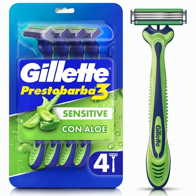 Rastrillo Gillette Prestobarba3 Sensitive con Aloe Vera, Piel Sensible, 4 pz