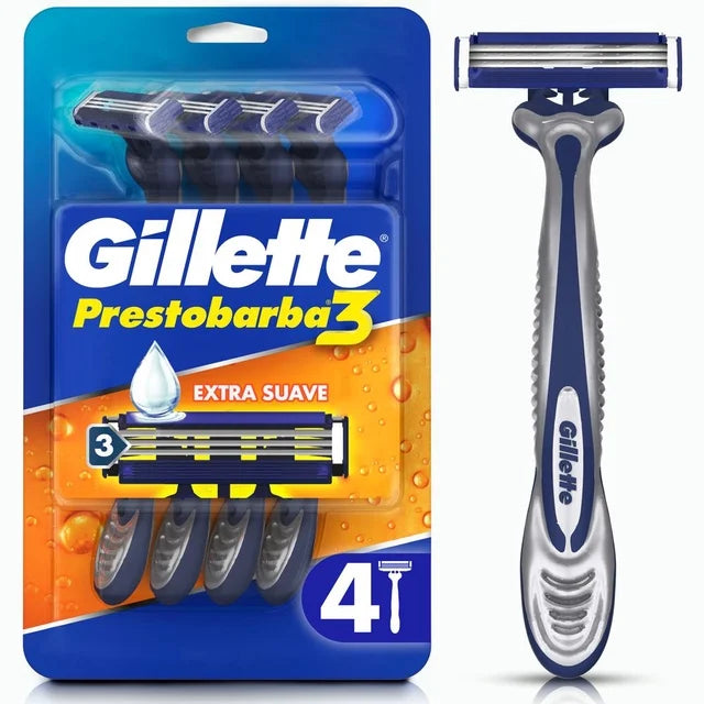 Rastrillo Gillette Prestobarba3 con 3 hojas para rasurar la barba al ras, 4 pz