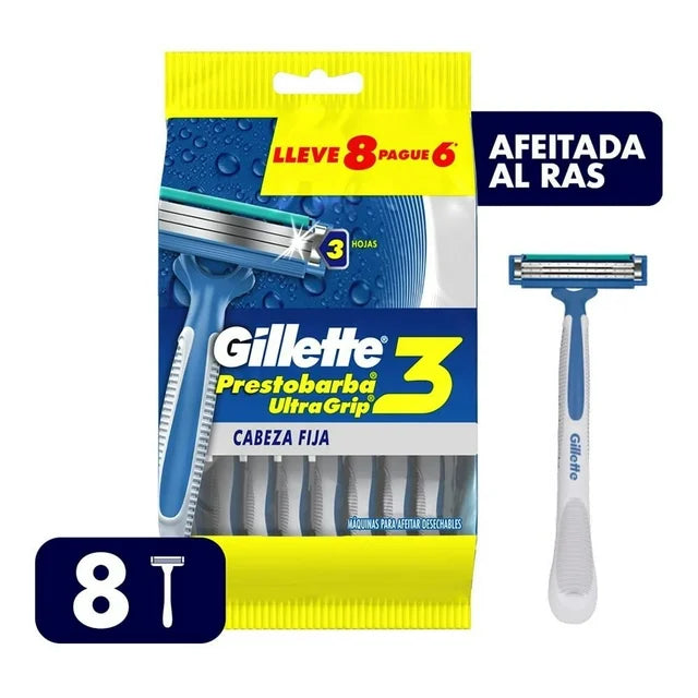 Rastrillo para afeitar desechable Gillette Prestobarba Ultragrip3 de fácil agarre 8 pz