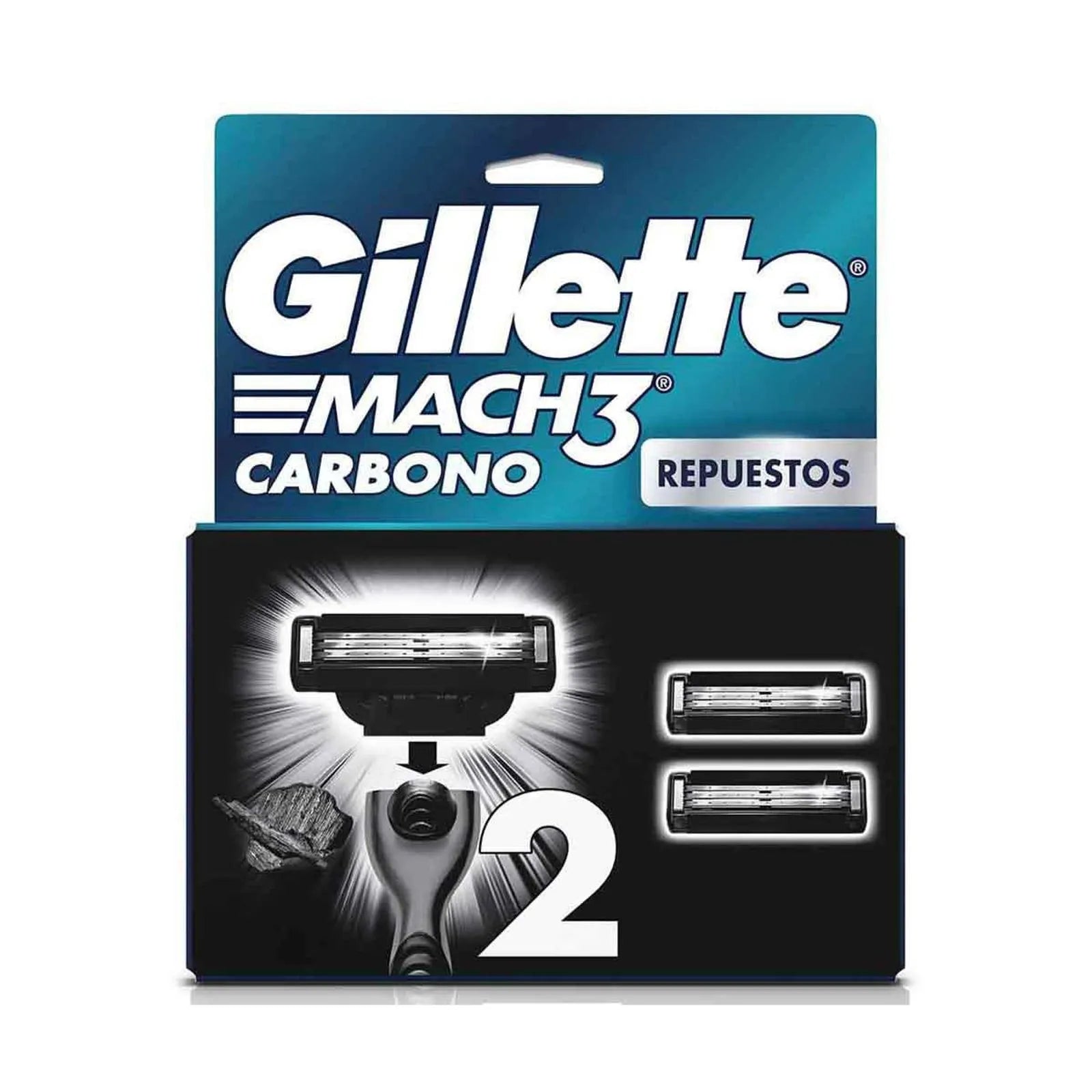 Cartucho de Rastrillo Gillette Mach3 Carbono con Carbón Activado 2 pz