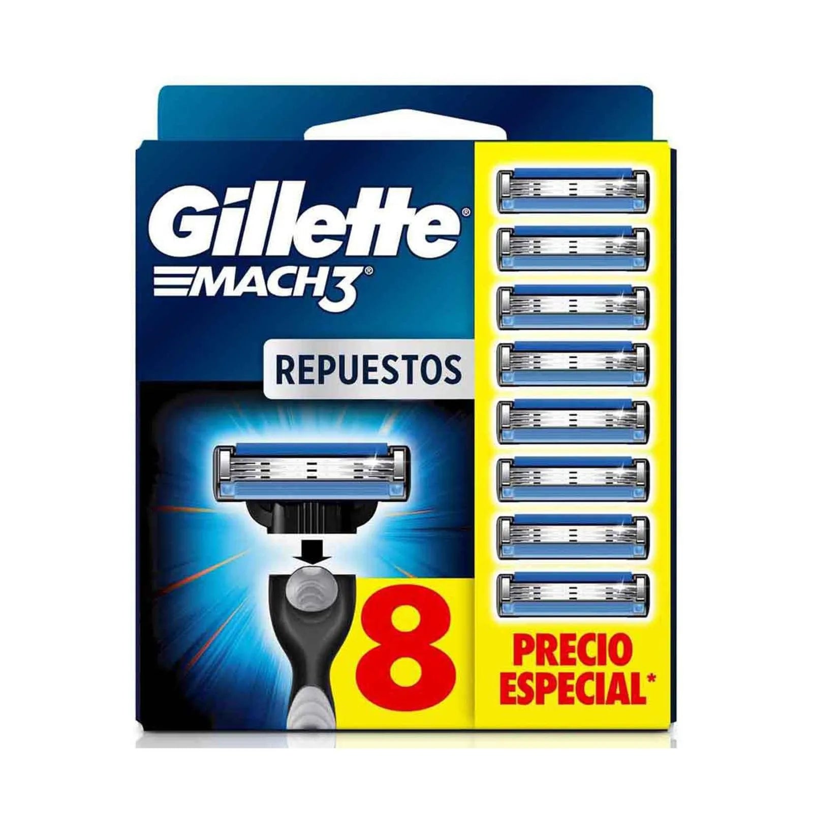 Cartucho de Rastrillo Gillette Mach3 con 3 Hojas para Rasurar al Ras, 8 pz
