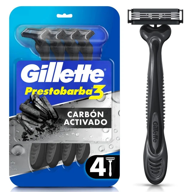 Rastrillo Gillette Prestobarba 3 Carbono con Carbón Activado y 3 Hojas, 4 pz