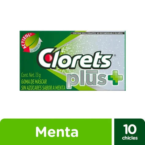Chicles Clorets Plus sin Azúcar 12 Piezas 15.6 gr