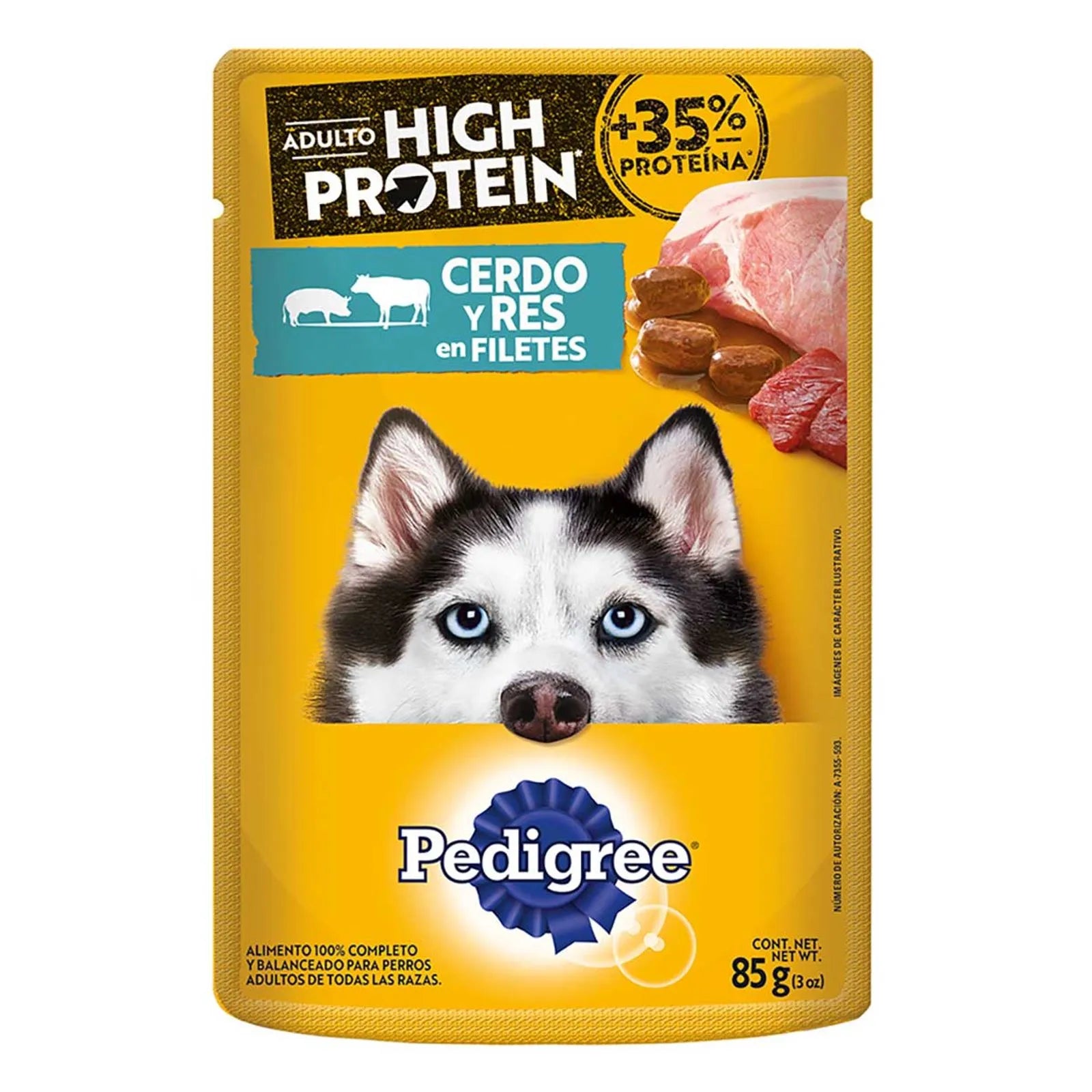 Pedigree high protein sobres adulto en filetes con cerdo y res 85gr